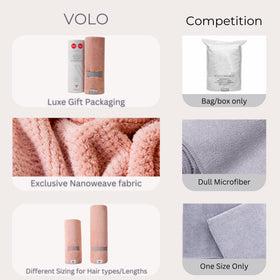 VOLO towel beside ruler showing large wrap size fits all hair lengths