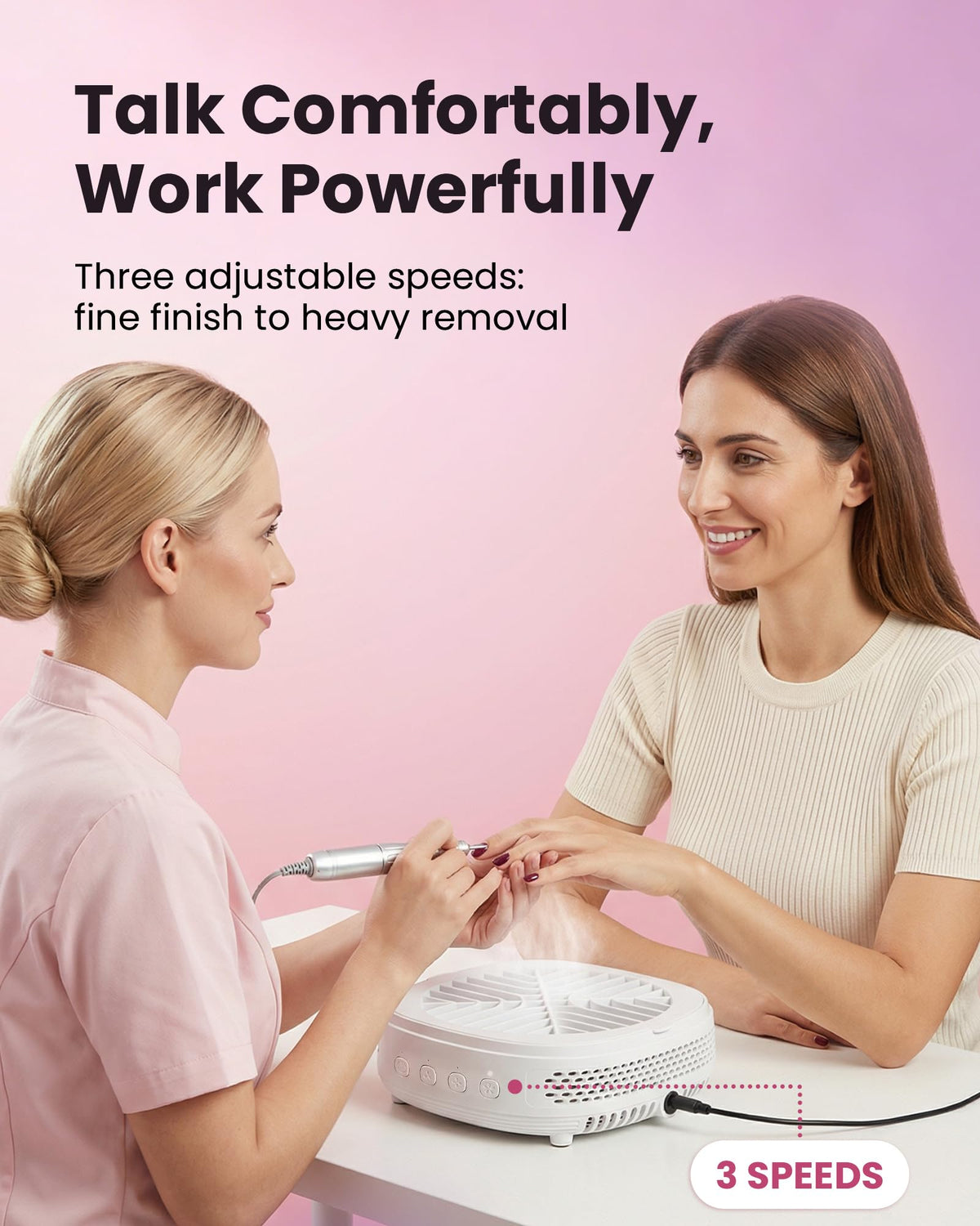 voltrish in use at manicure table capturing nail dust during filing