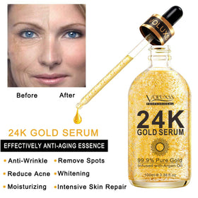 Voluxss close-up of 24K gold flakes in serum highlighting luxurious radiance