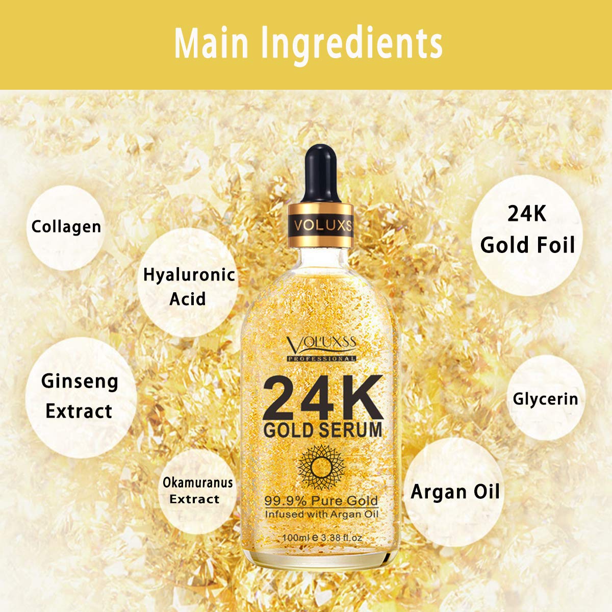 Voluxss arranged ingredients display with vitamin C and argan oil benefits