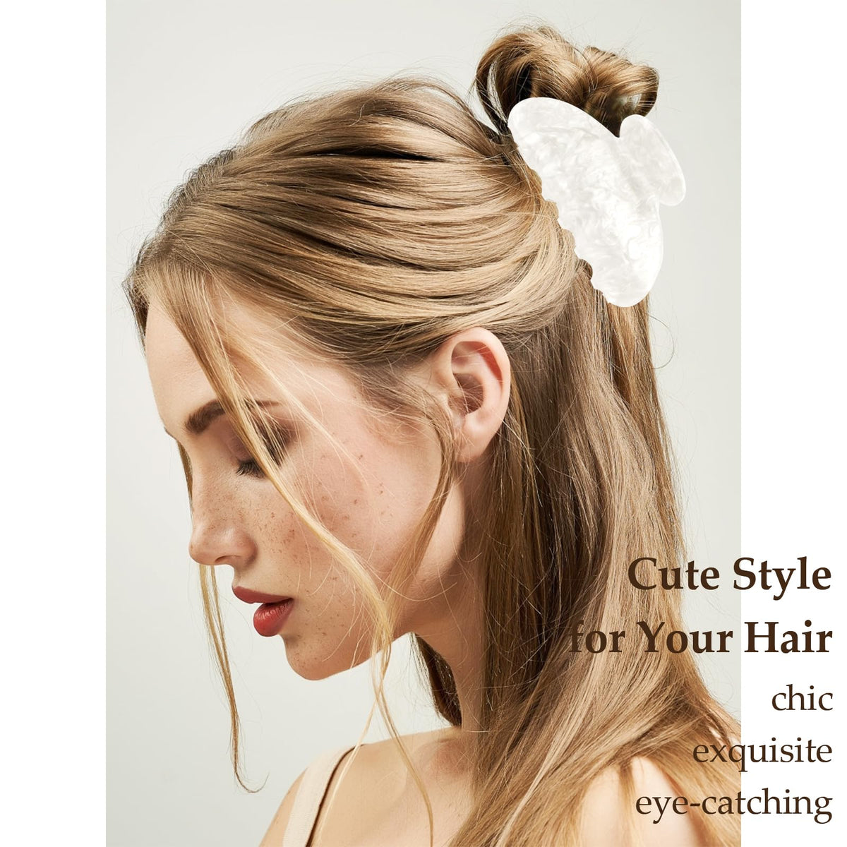 Vovii clip worn in half-up style offering polished everyday look