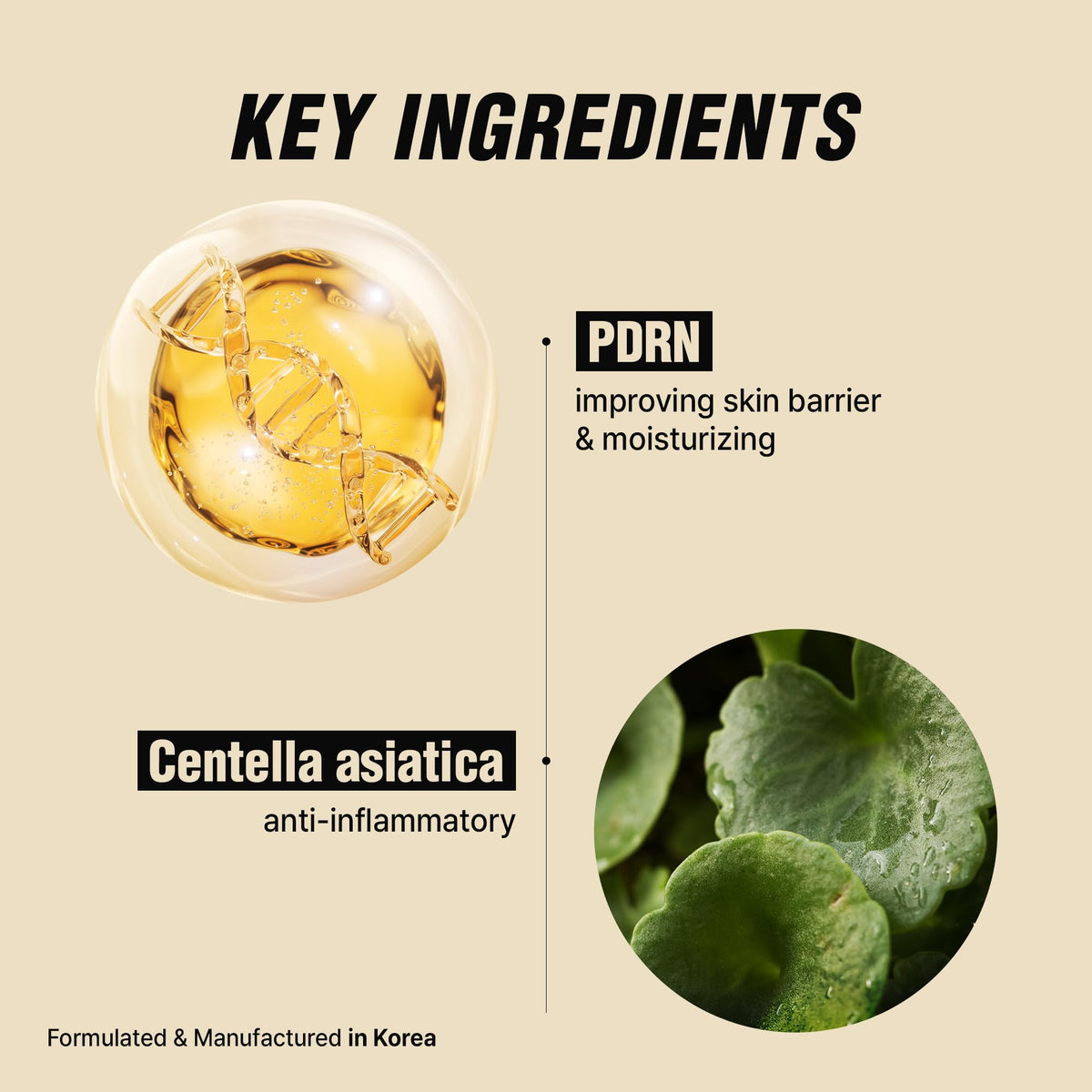 VQM VIBANQUENTMANKA ingredient label close-up featuring PDRN and Centella Asiatica benefits