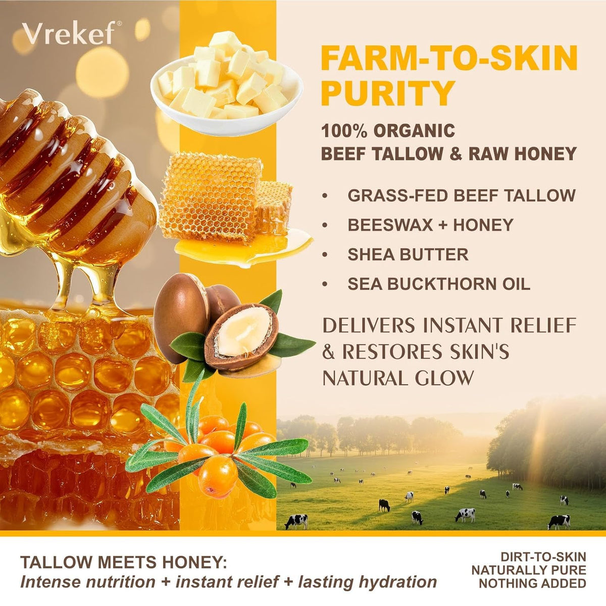 VREKEF raw ingredients close-up showing sea buckthorn and shea benefits