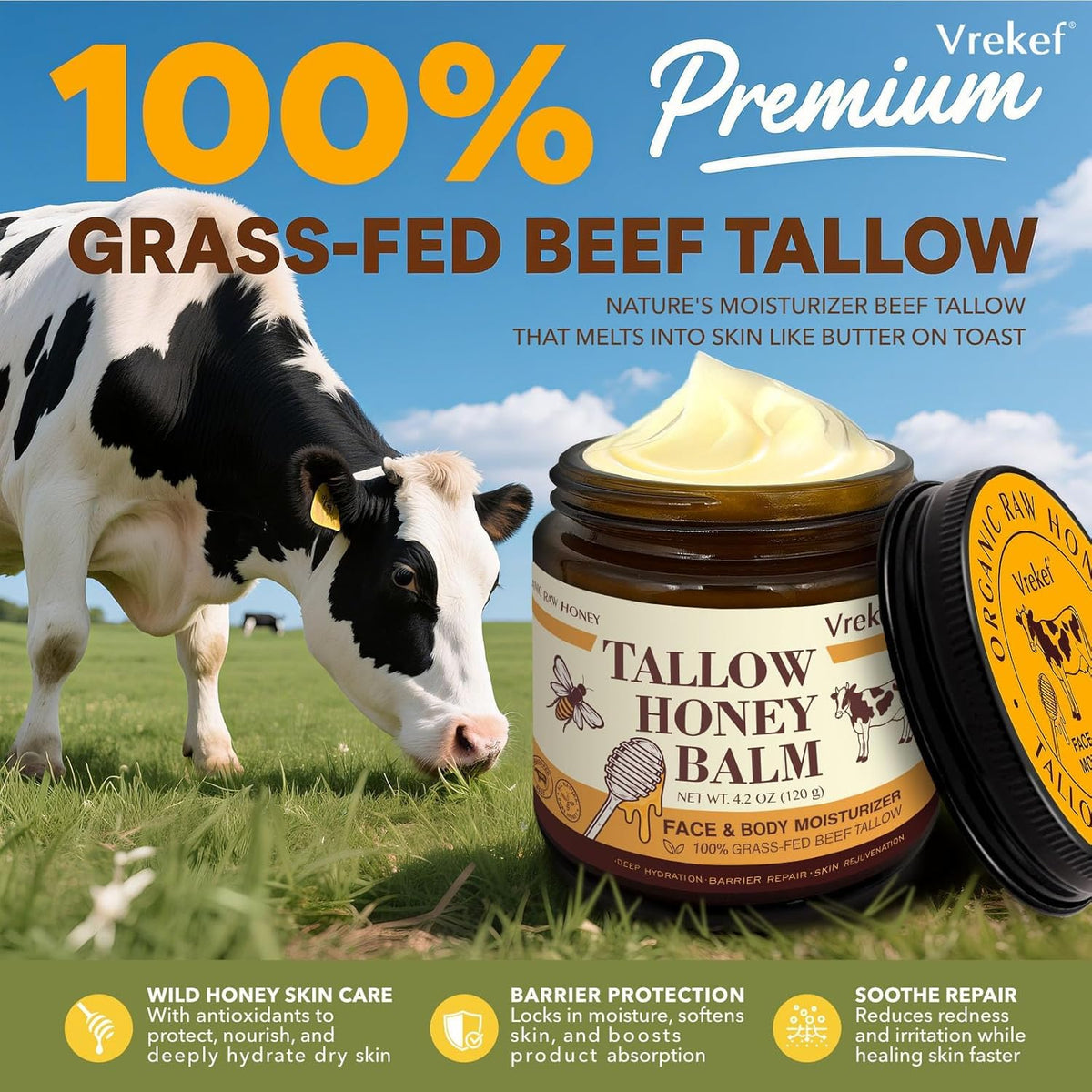 VREKEF open jar with creamy balm texture aiding quick absorption