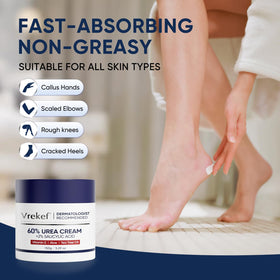 VREKEF applying cream to heel with fingers demonstrating targeted moisturization benefit