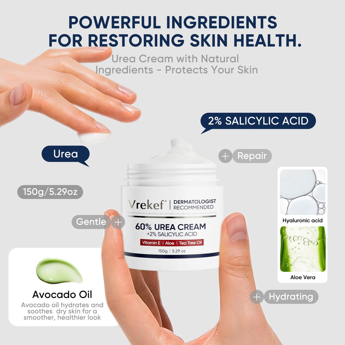 VREKEF ingredients label closeup highlighting urea and salicylic acid for effective care