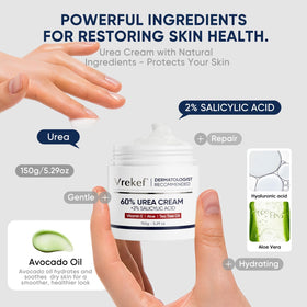 VREKEF ingredients label closeup highlighting urea and salicylic acid for effective care