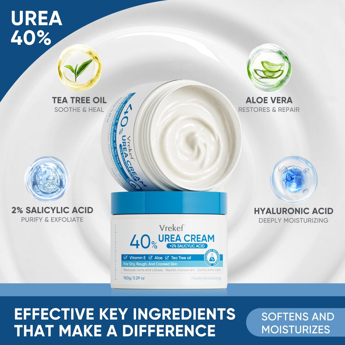 VREKEF jar beside socks staged for overnight treatment benefit deeper hydration