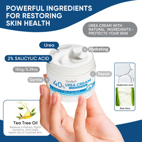 VREKEF label close-up showing 40% urea and 2% salicylic concentration benefit clarity