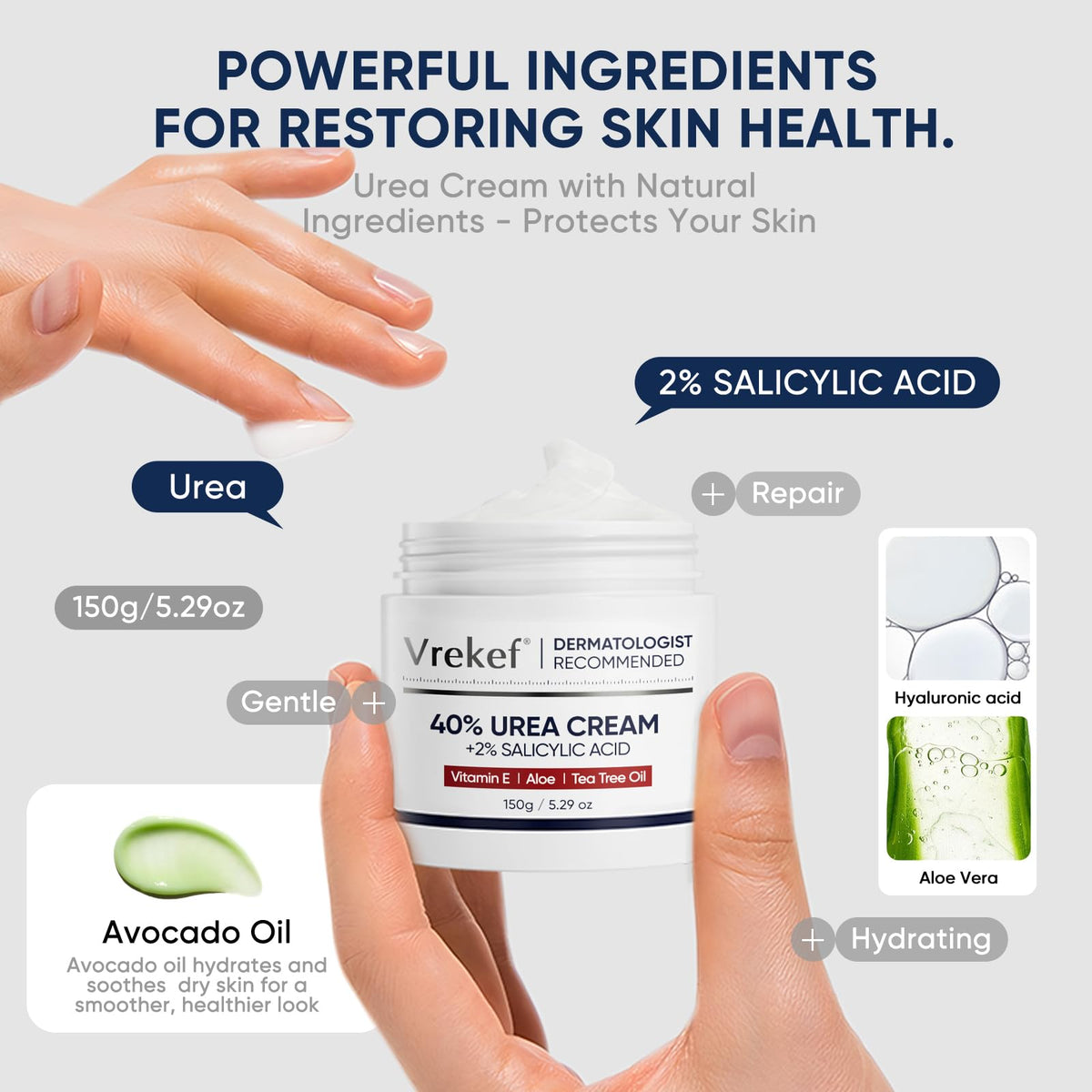 VREKEF label ingredients closeup highlighting urea and salicylic acid benefits