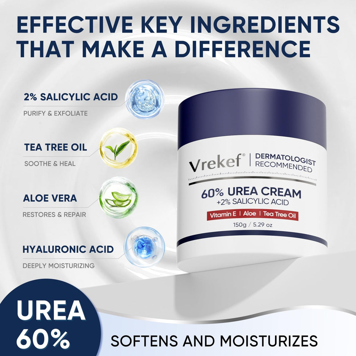 VREKEF open cap cream texture closeup showing smooth, fast-absorbing formula benefit