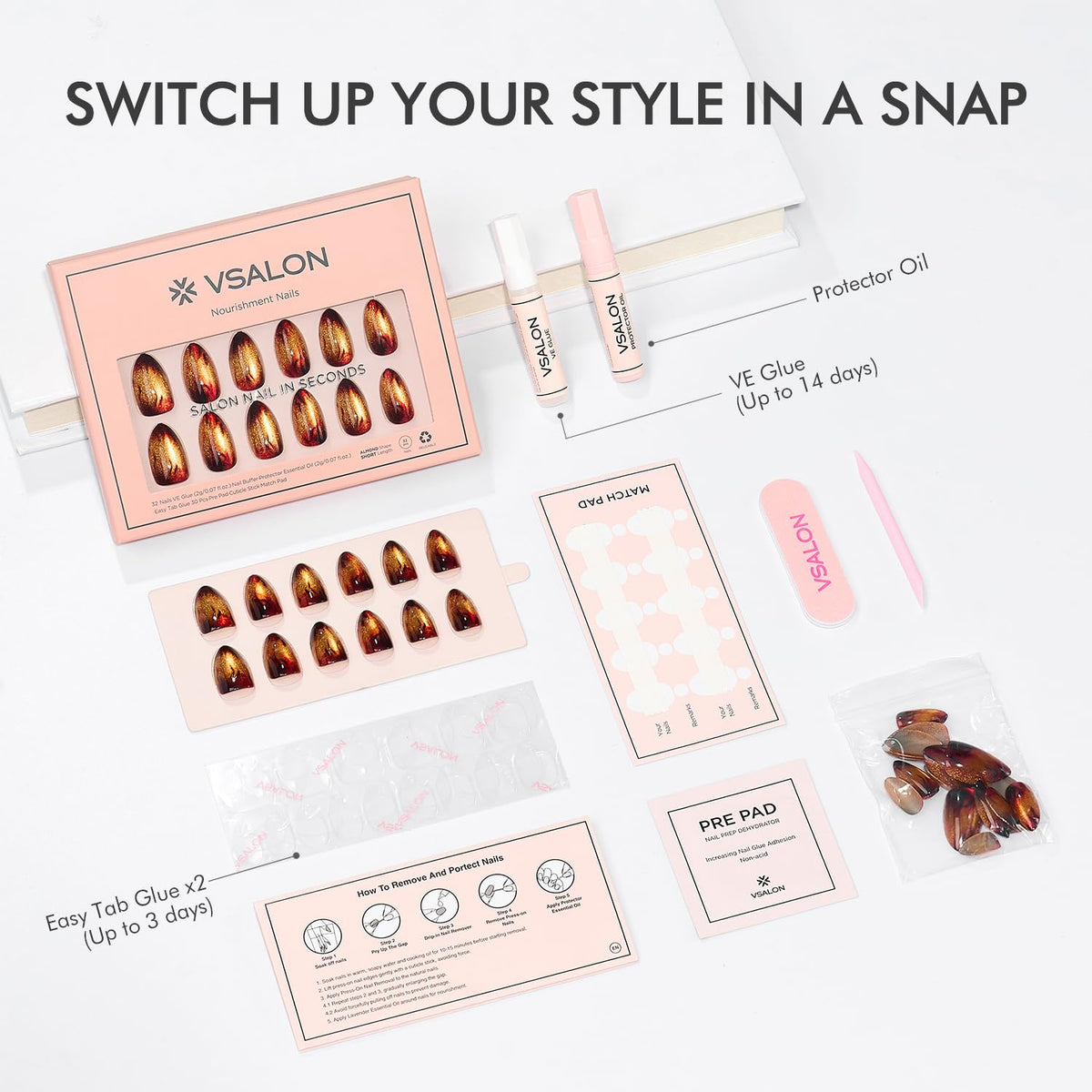 VSALON application step pressing nail for secure hold and quick wear