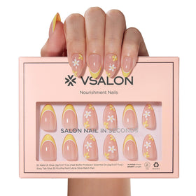 VSALON cuticle oil bottle beside nails to show hydration and nail care