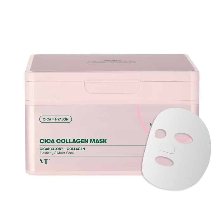 VT COSMETICS tub front showing 30 sheet masks and clear benefits