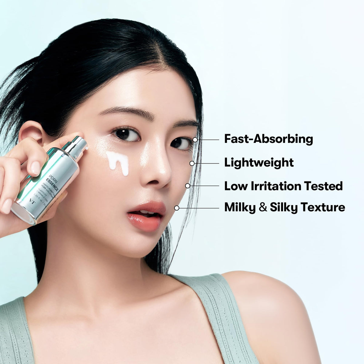 VT COSMETICS serum applied to skin showing instant dewy finish