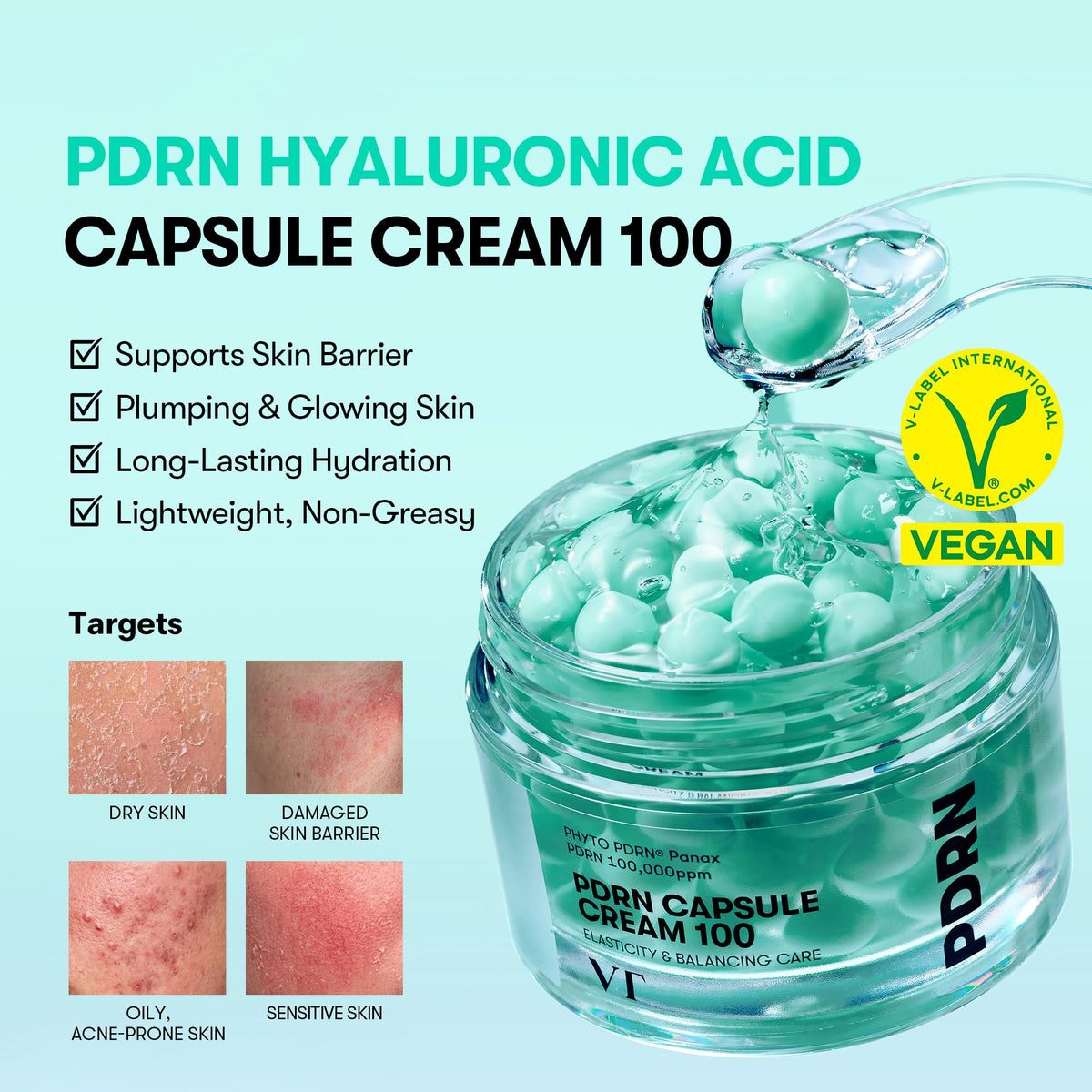 VT COSMETICS open jar with visible PDRN capsules illustrating potency