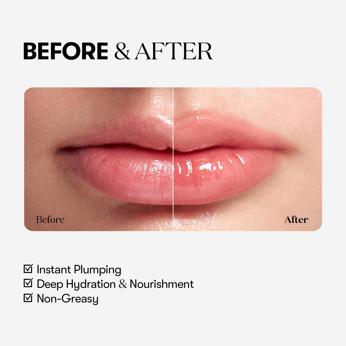 VT COSMETICS Reedle Shot lips before and after showing fuller, hydrated look after application benefit volume