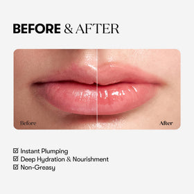 VT COSMETICS Reedle Shot lips before and after showing fuller, hydrated look after application benefit volume