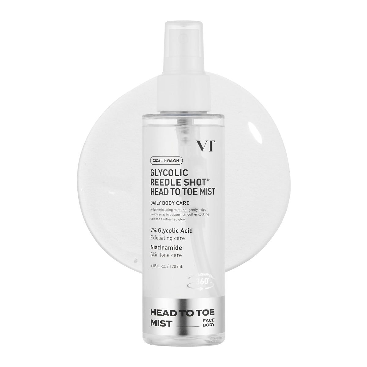 VT COSMETICS front bottle view showing packaging and exfoliating spray benefits
