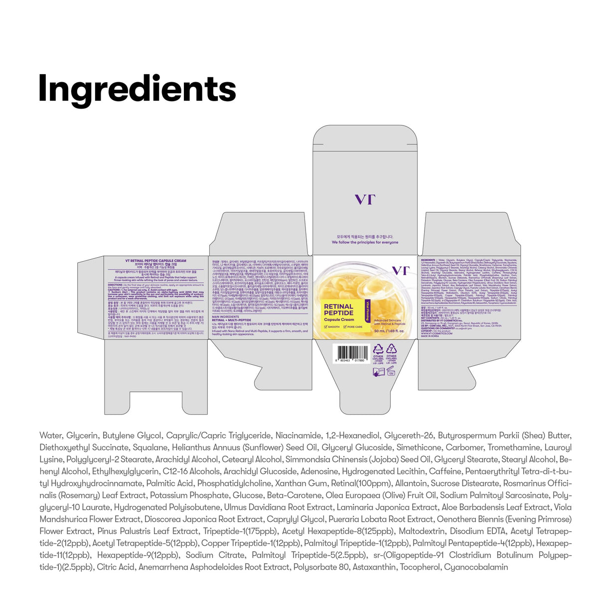 VT COSMETICS ingredient highlights graphic with niacinamide and peptides benefit