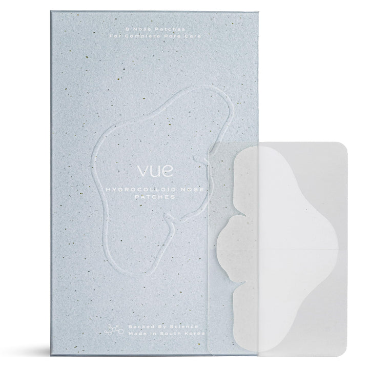 Vue front packaging showing eight hydrocolloid nose patches and benefits