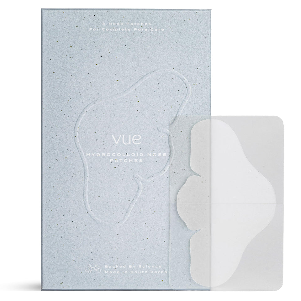 Vue front packaging showing eight hydrocolloid nose patches and benefits