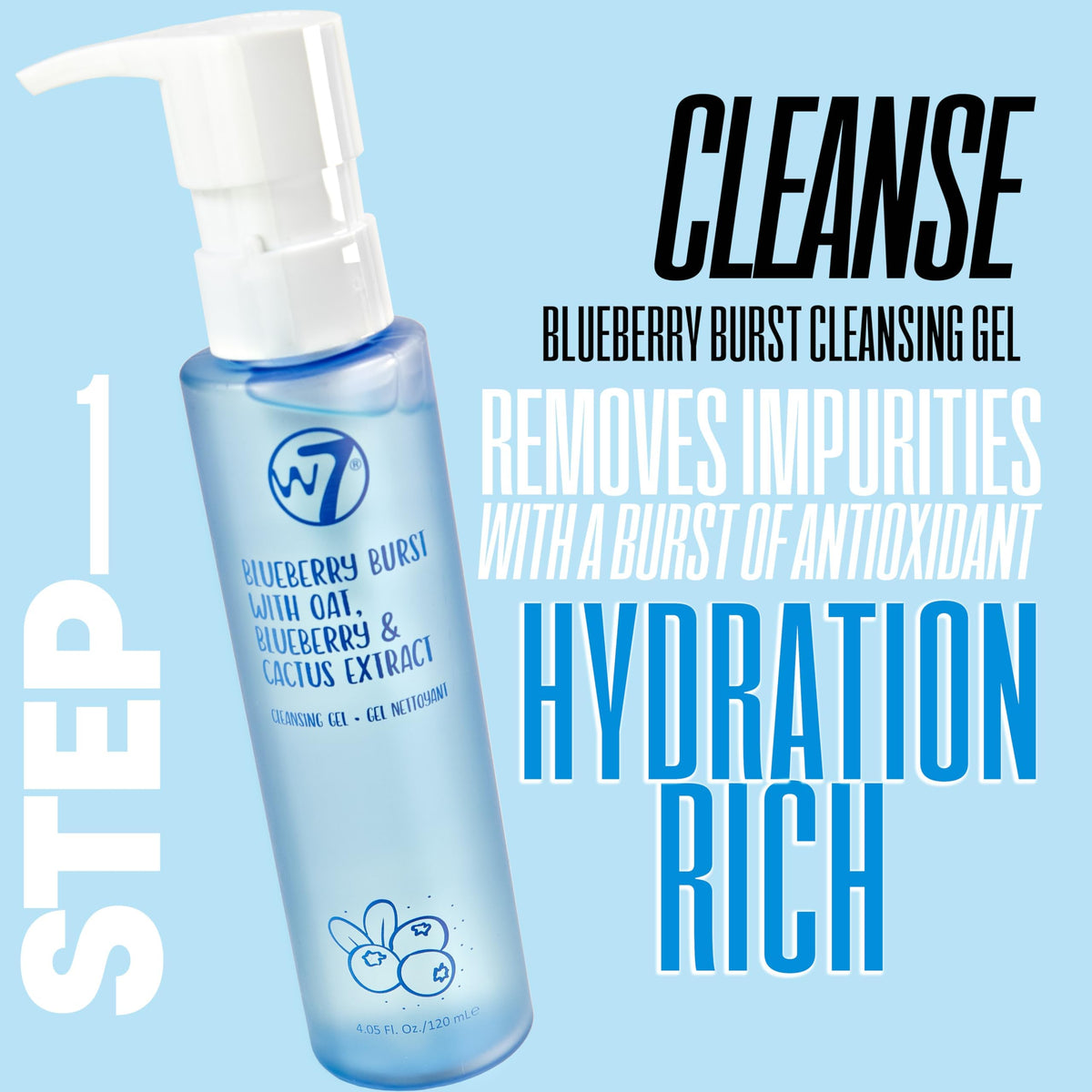 W7 blueberry cleansing gel close-up texture showing gentle antioxidant hydration