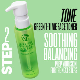 W7 green tea toner being sprayed into hand for calming skin prep
