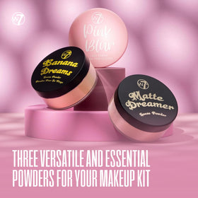 W7 three open jars top view highlighting fine-milled powders and blendability