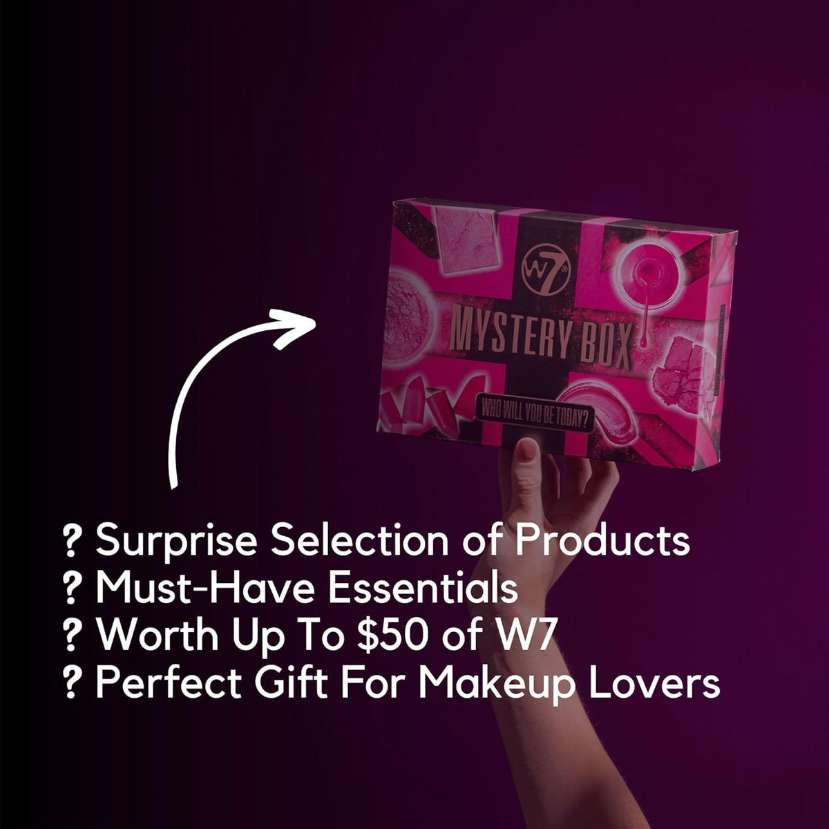 W7 products laid out flatlay showing variety of cosmetics for easy selection