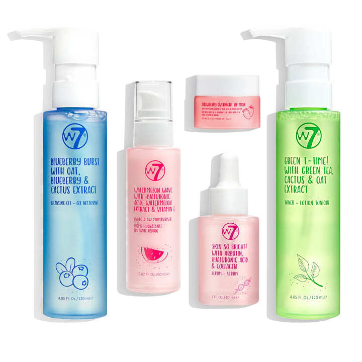 W7 front view of full five-piece self care skincare set showing easy routine