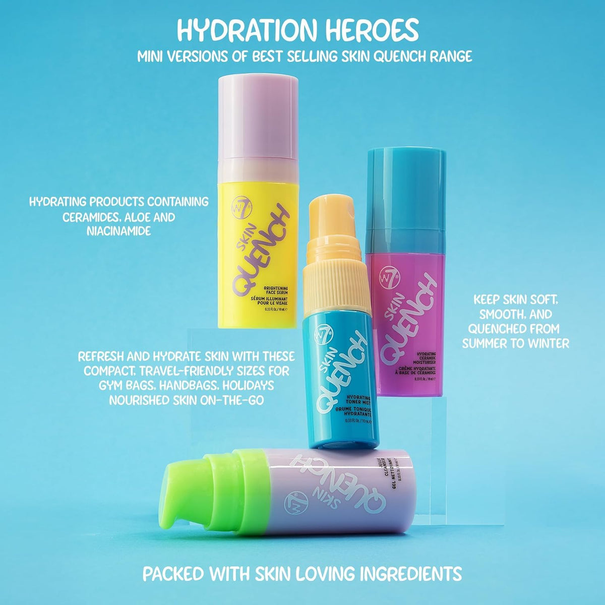 W7 Skin Quench Cuties contents laid out to show each mini product for easy routine building and sampling