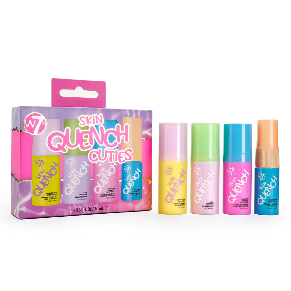 W7 front packaging of Skin Quench Cuties showing travel-ready minis and playful design benefit: convenient portability