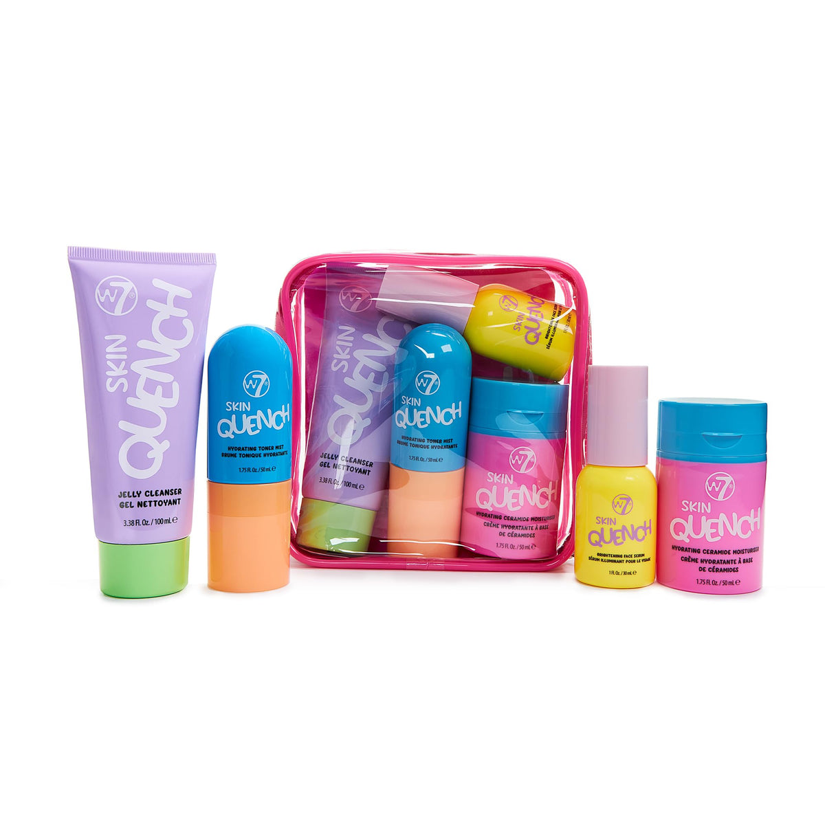 W7 toner bottle detail with clear liquid highlighting refreshing preparation benefit