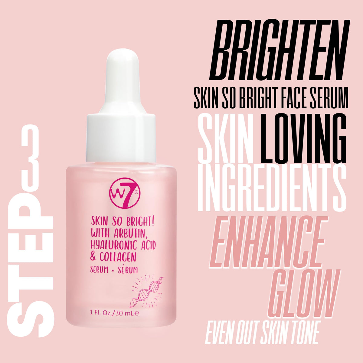 W7 brightening serum dropper releasing a drop to even skin tone
