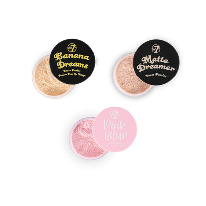 W7 front packaging trio showing three powders and brand for versatile finishing