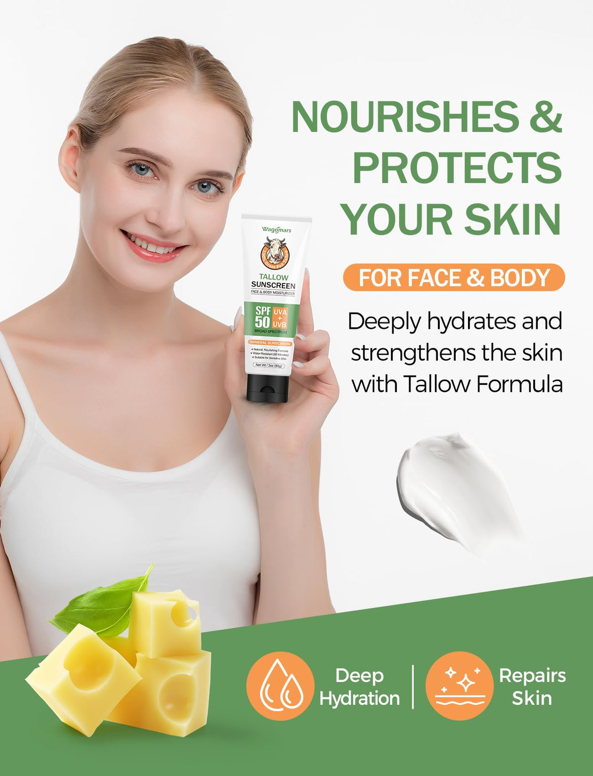 Wagomars rubbed on arm showing hydrating protection for face and body