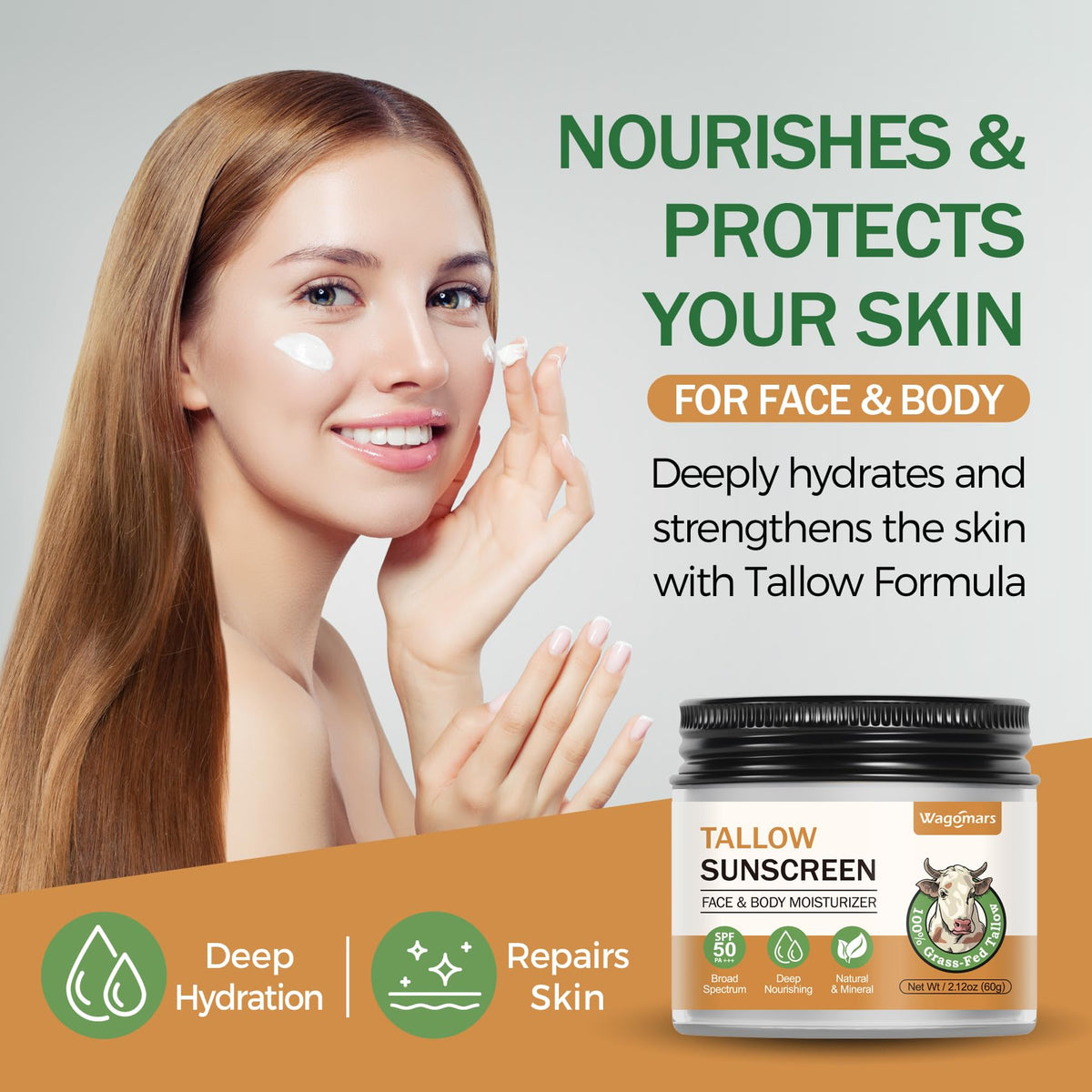 Applying Wagomars on face in mirror for non-greasy, sensitive-skin protection