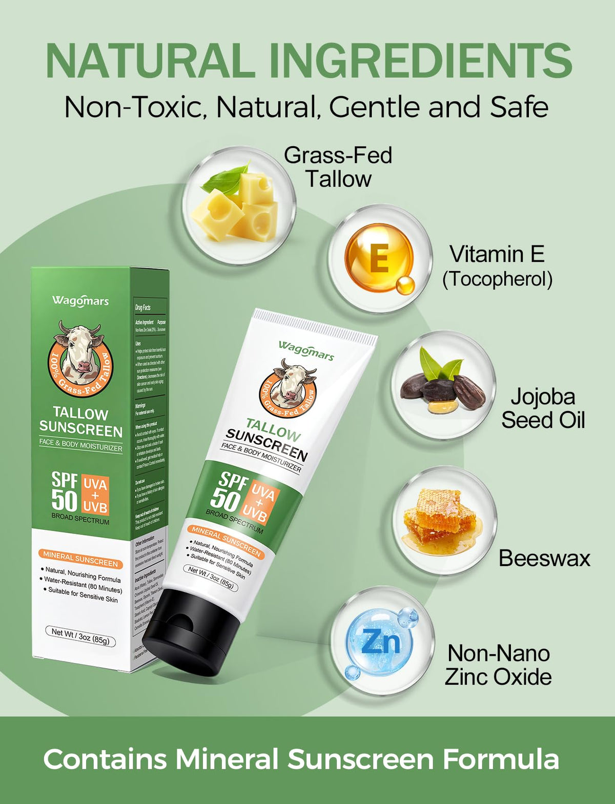 Wagomars ingredient label highlighting grass-fed tallow and zinc oxide benefits