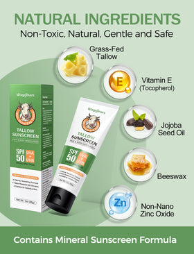 Wagomars ingredient label highlighting grass-fed tallow and zinc oxide benefits