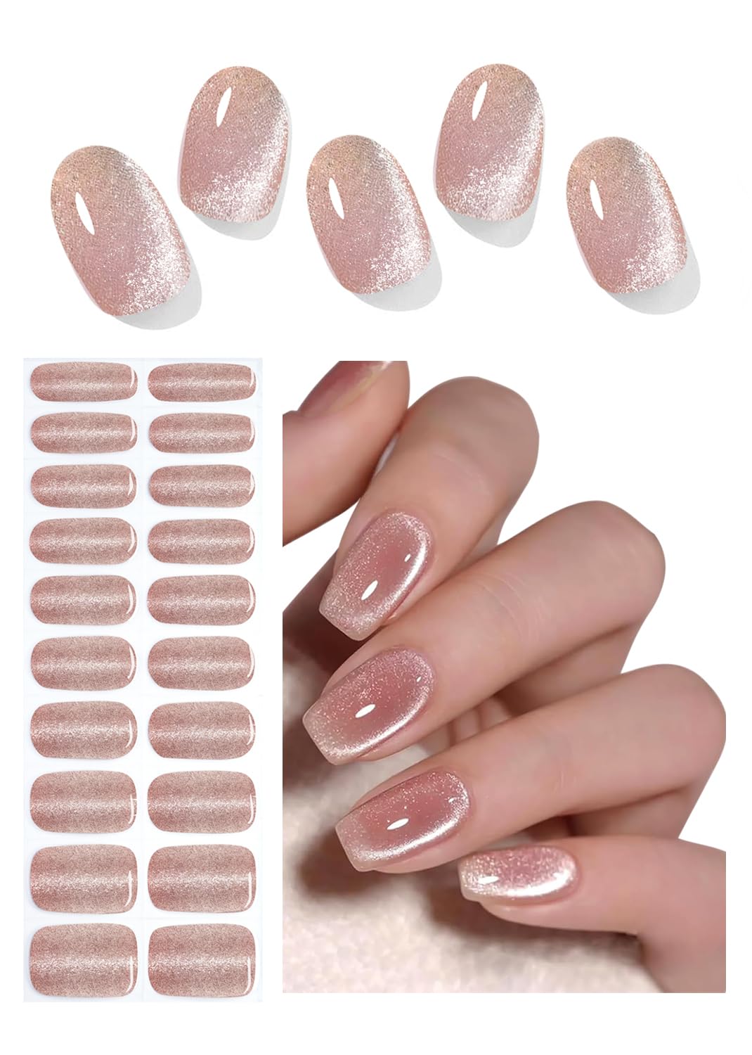 Wahrshei front packaging showing nude cat eye gel strips and included tools for quick application
