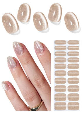 Wahrshei front packaging showing sheer nude cat eye wraps and included tools for quick salon looks
