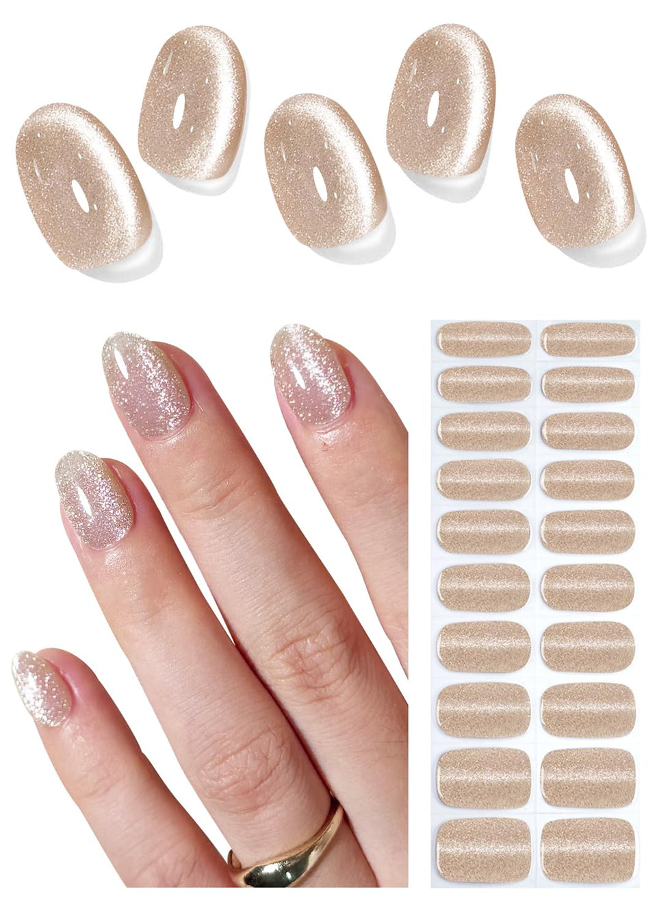 Wahrshei front packaging showing sheer nude cat eye wraps and included tools for quick salon looks