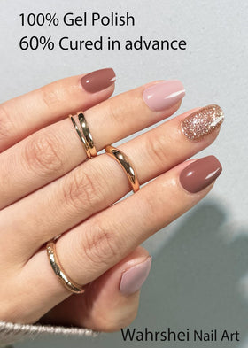 Wahrshei camel glitter strips on finished nails in lifestyle scene for instant salon-style shine