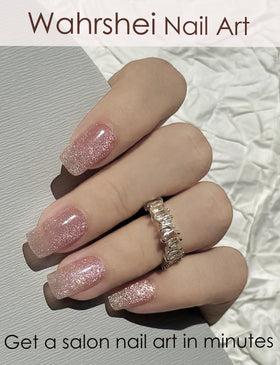 Wahrshei scale image of strips on a real hand next to file and stick showing easy home manicure
