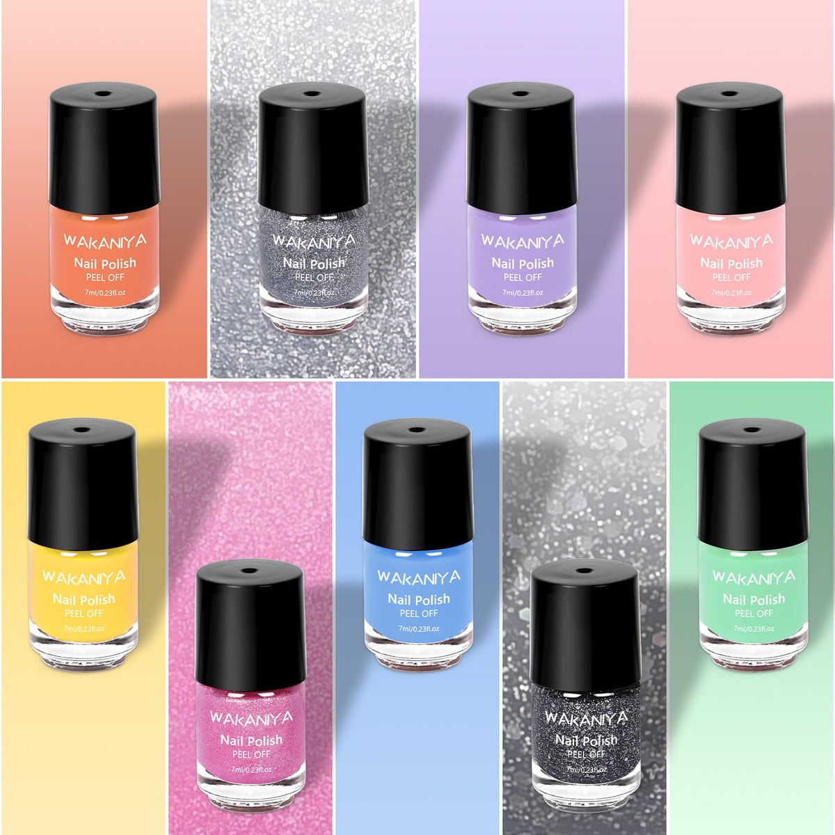 wakaniya nine polish bottles lined up, bright colors for creative play benefit