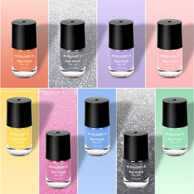 wakaniya nine polish bottles lined up, bright colors for creative play benefit