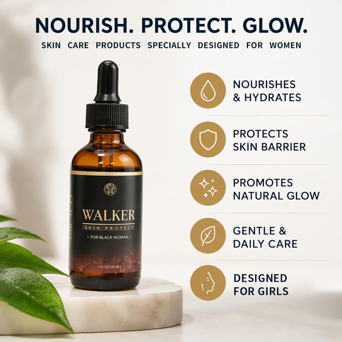 Walker dropper texture close-up displaying lightweight serum and smooth absorption benefit