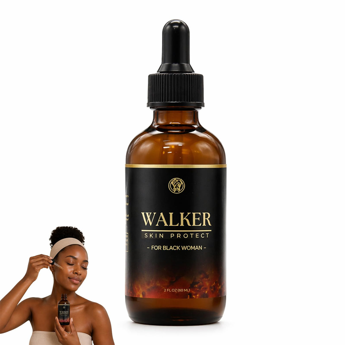 Walker front bottle showing sleek serum packaging and clear branding for shelf appeal