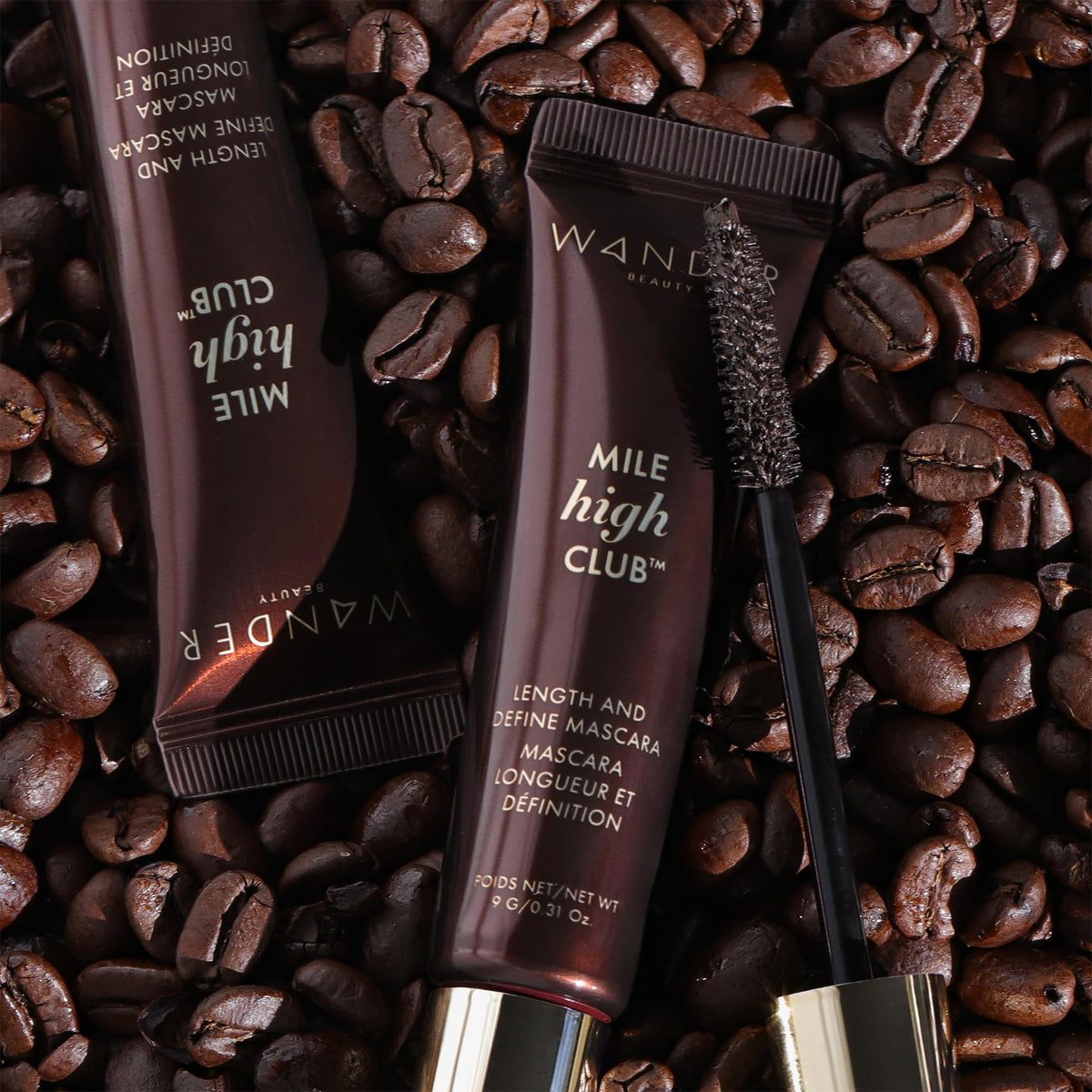Wander Beauty mascara held in hand to show size and travel-friendly 0.31 oz convenience